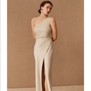 BHLDN Dylan satin maxi dress. Bridesmaid dress in champagne